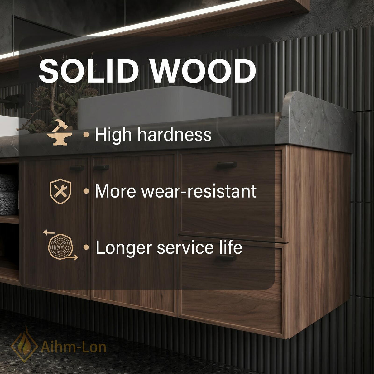 60''-96'' Double Bathroom Vanity with Sink Modern Floating Dark Wood Grain Open Shelving