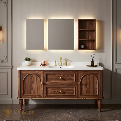36''-64'' Single Bathroom Vanity with Sink Arched Door Panels Walnut Wood-Grain Finish