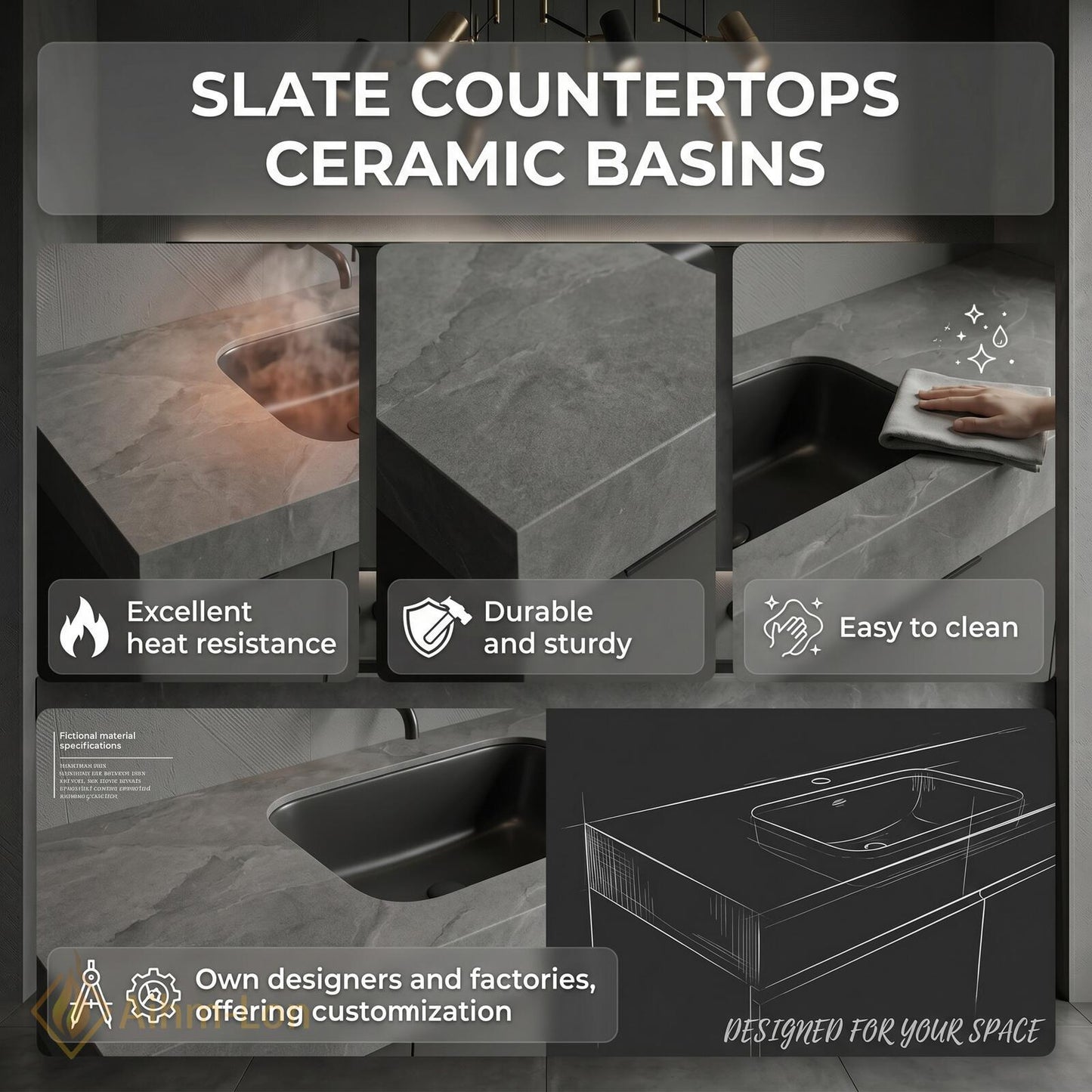 70''-96'' Modern Double Bathroom Vanity with Sink Floating Dark Matte Stone Top