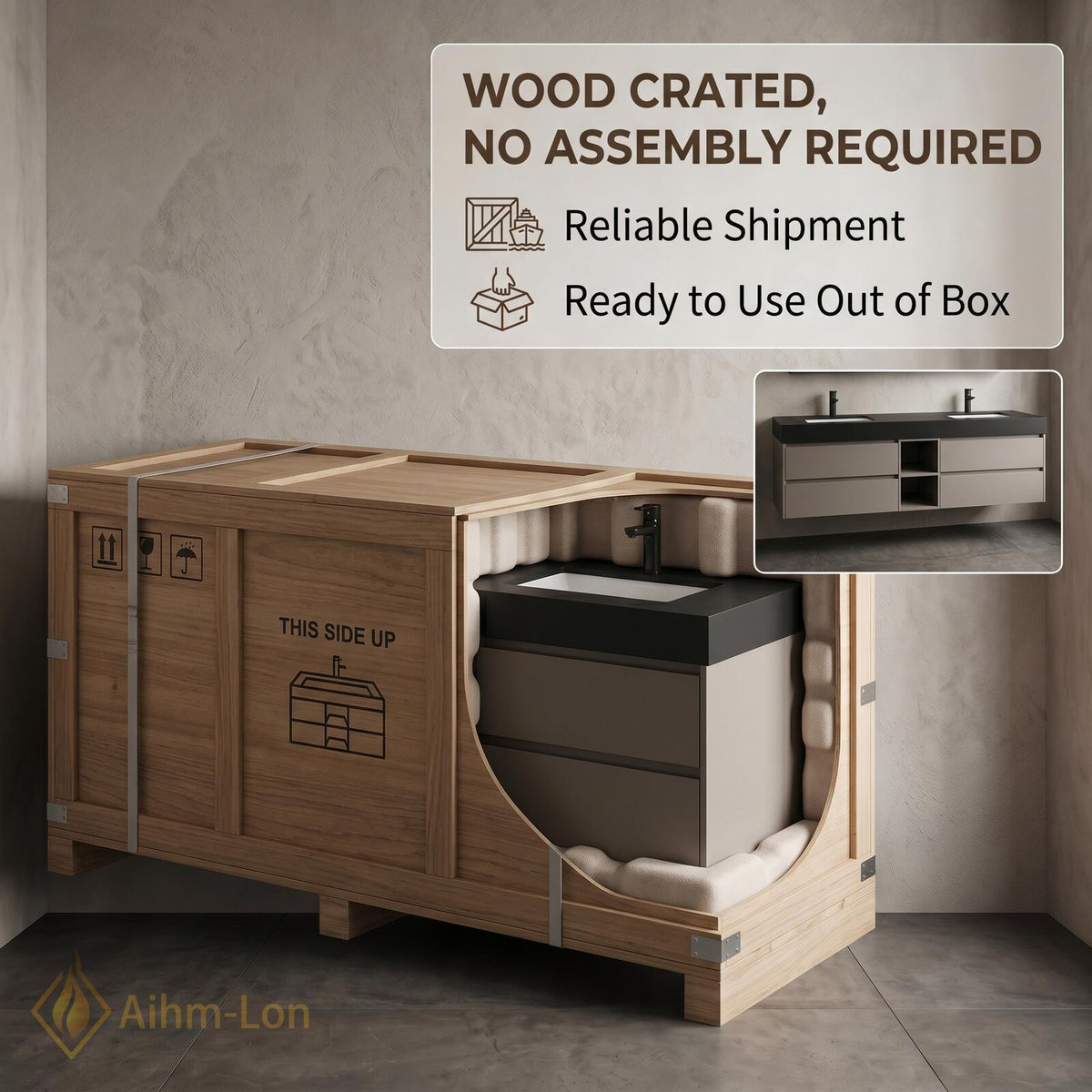 60''-96'' Double Bathroom Vanity with Sink Slatted Front Warm Wood Tone Countertop