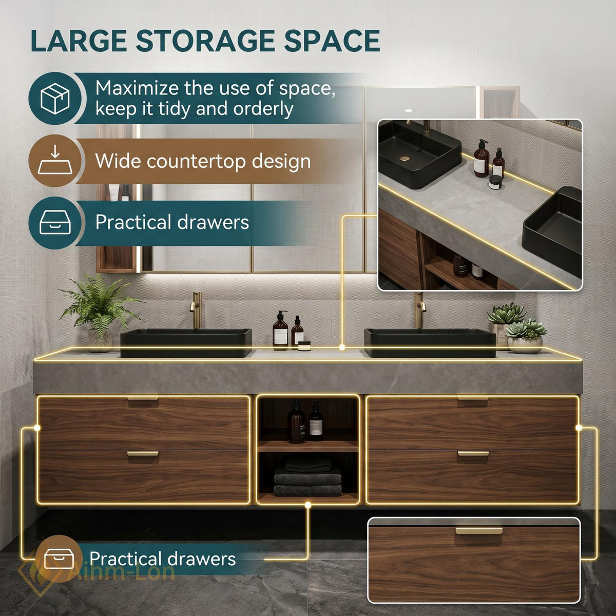 60''-96'' Double Bathroom Vanity with Sink Floating Grey Stone Top Walnut Drawers