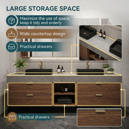 60''-96'' Double Bathroom Vanity with Sink Floating Grey Stone Top Walnut Drawers