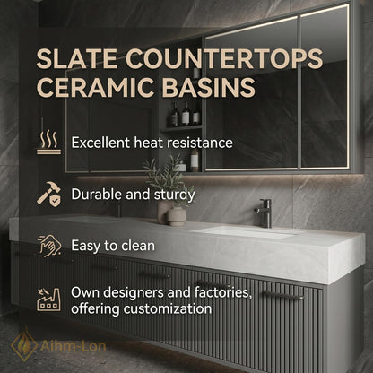 70''-96'' Double Bathroom Vanity with Sink Modern Ribbed Front Charcoal Finish Shelving