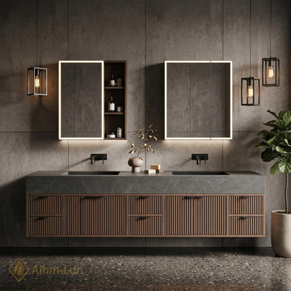 70''-96'' Modern Double Bathroom Vanity with Sink Floating Dark Wood Ridged Doors