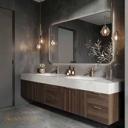 78''-96'' Double Bathroom Vanity with Sink Dark Walnut Finish Slatted Center Storage