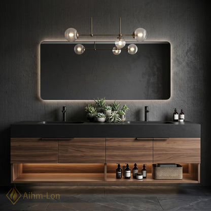 60''-96'' Double Bathroom Vanity with Sink Dark-Wood Modern Floating Slatted-Panels
