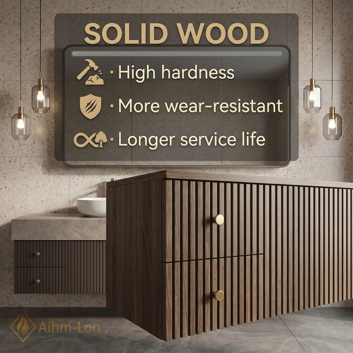 60''-96'' Double Bathroom Vanity with Sink Dark Brown Slatted Panel Mirror Cabinet