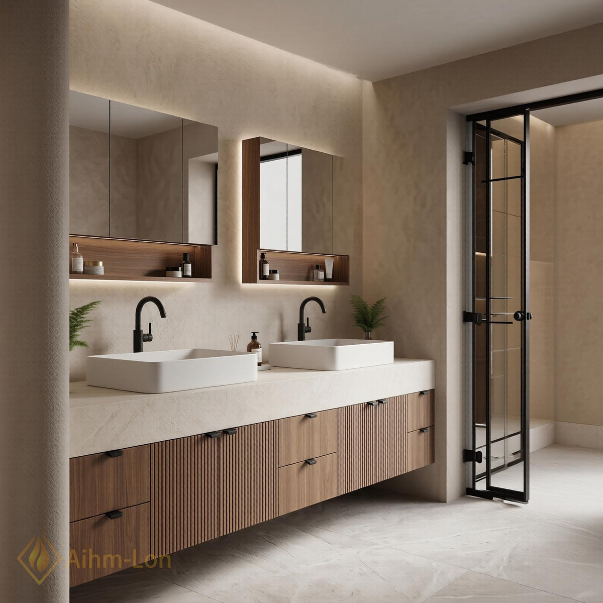 60''-96'' Double Bathroom Vanity with Sink Modern Floating Fluted Wood Panels Vessel