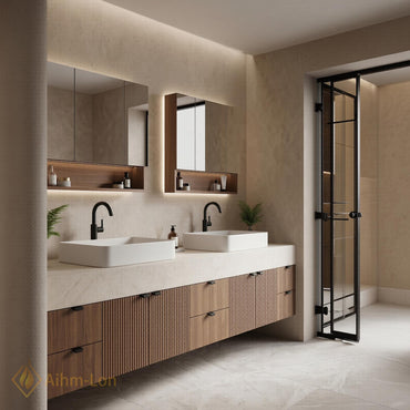 60''-96'' Double Bathroom Vanity with Sink Modern Floating Fluted Wood Panels Vessel