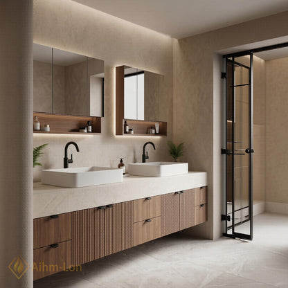 60''-96'' Double Bathroom Vanity with Sink Modern Floating Fluted Wood Panels Vessel