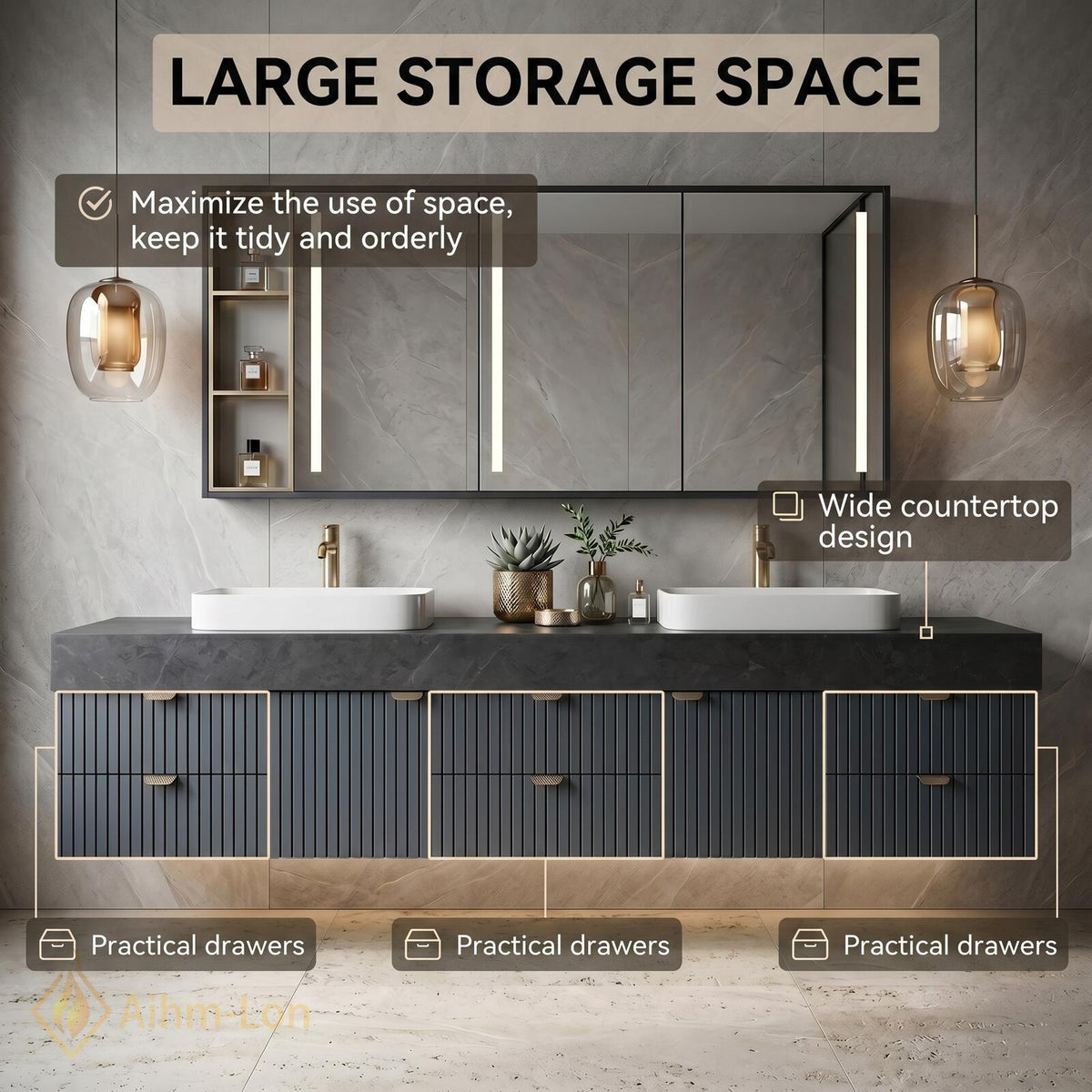 60''-96'' Double Bathroom Vanity with Sink Spacious Drawers Stone Like Surface