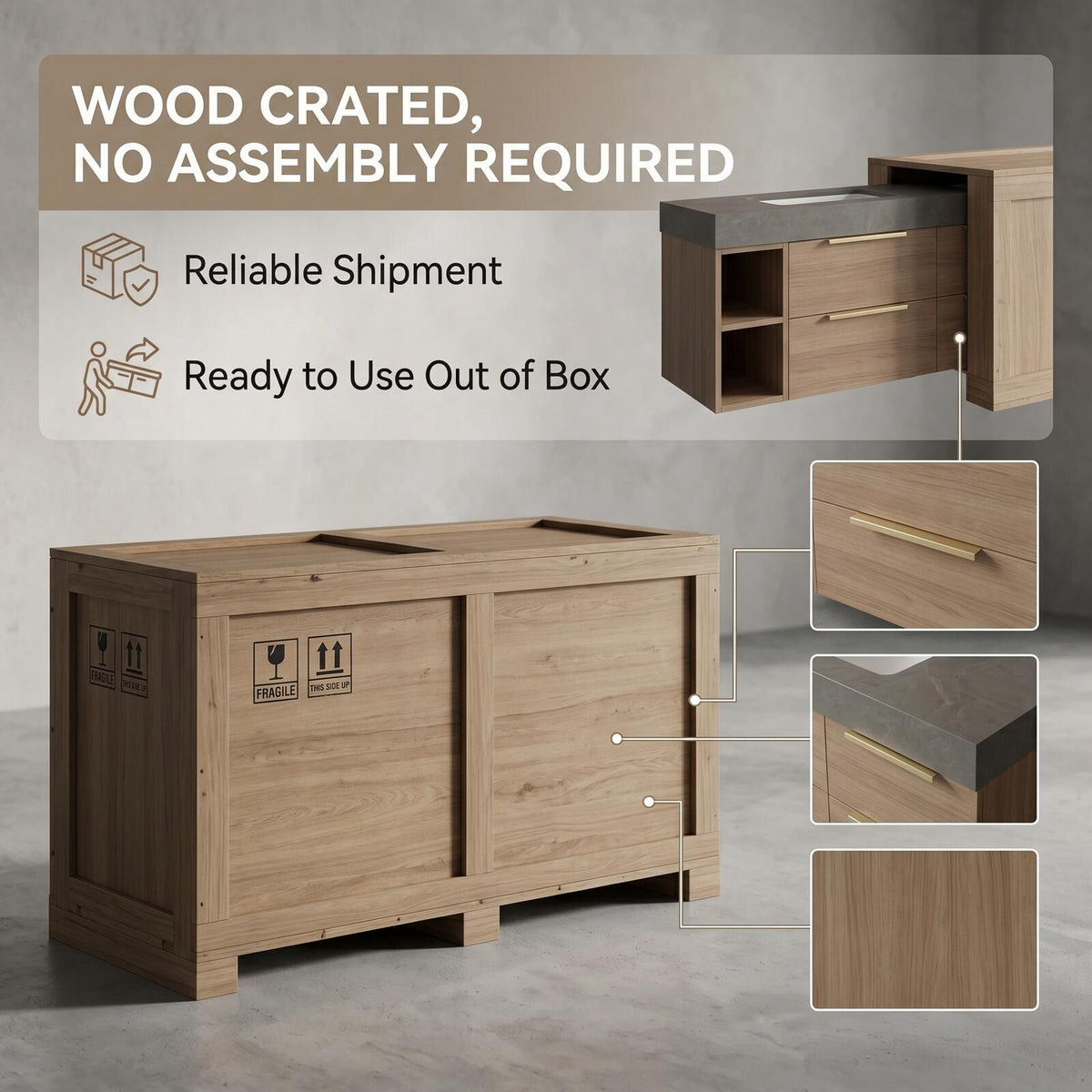 60''-96'' Double Bathroom Vanity with Sink Modern Floating Warm Wood Grain Open Side Shelving