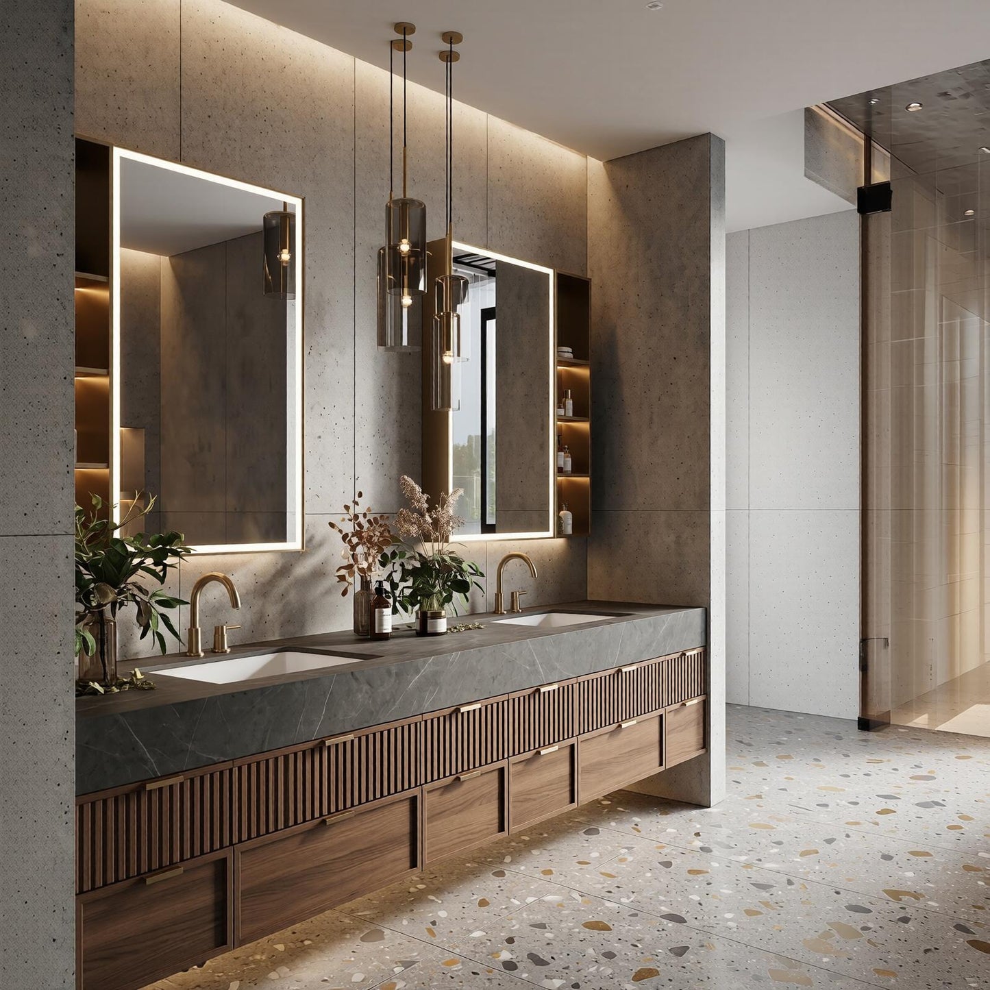 78''-96'' Modern Bathroom Vanity with Sink Stone Gray Slatted Wood Front Panels