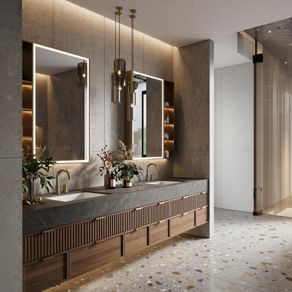 78''-96'' Modern Bathroom Vanity with Sink Stone Gray Slatted Wood Front Panels