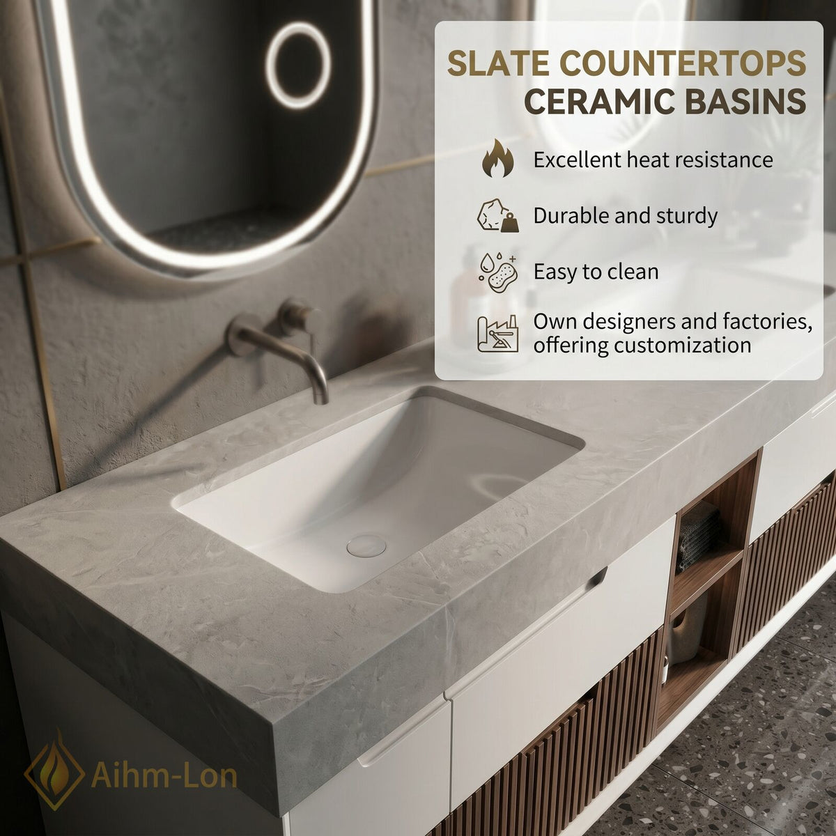 76''-96'' Double Bathroom Vanity with Sink Concrete Top Slatted Base Open Shelving