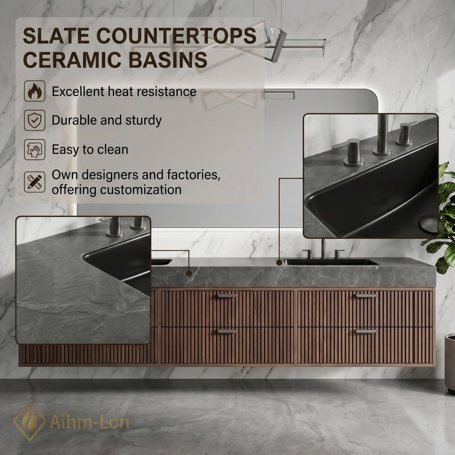 60''-96'' Double Bathroom Vanity with Sink Dark Grey Floating Stone-Top Slatted