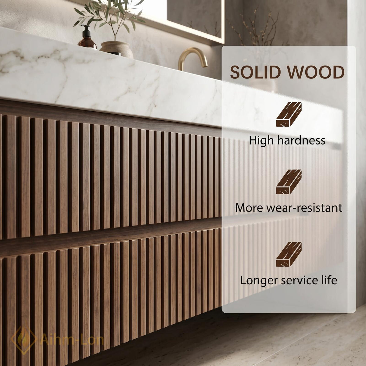 60''-96'' Double Bathroom Vanity with Sink Modern Floating Dark Wood Slats Marble Top