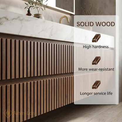 60''-96'' Double Bathroom Vanity with Sink Modern Floating Dark Wood Slats Marble Top