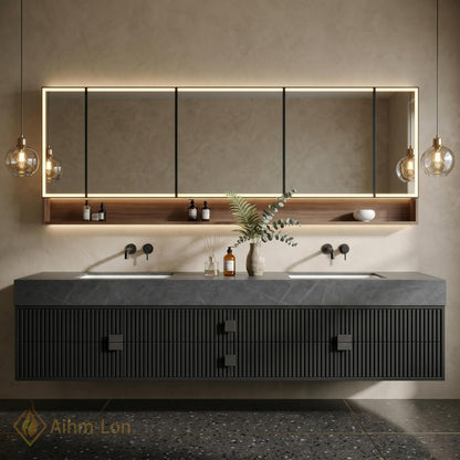 60''-96'' Bathroom Vanity with Sink Modern Floating Slatted Front Panels Mirror Shelf