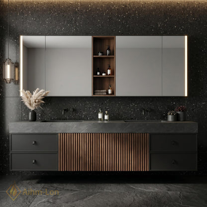60''-96'' Double Bathroom Vanity with Sink Sleek Dark Grey Stone Central Slatted