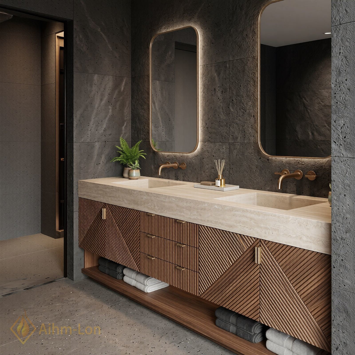 72''-96'' Double Bathroom Vanity with Sink Geometric Wood Doors Stone-Effect Countertop Stone