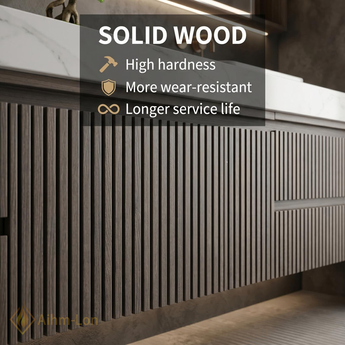 60''-96'' Double Bathroom Vanity with Sink Floating Dark Walnut Slatted Center Panel