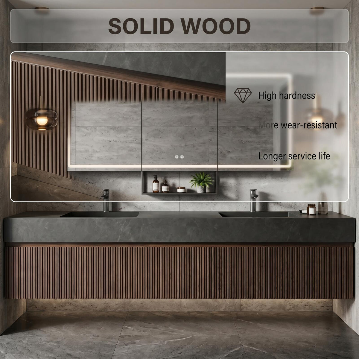 60''-96'' Double Bathroom Vanity with Sink Modern Floating Dark Stone Slatted Front Panel