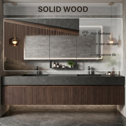 60''-96'' Double Bathroom Vanity with Sink Modern Floating Dark Stone Slatted Front Panel