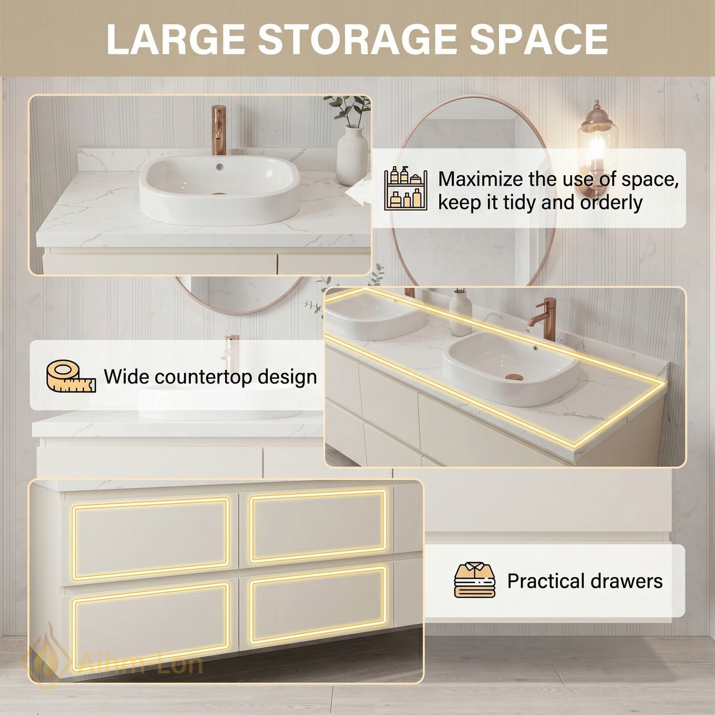 60''-96'' Modern Bathroom Vanity with Sink Floating White Marble Sliding Drawers Cabinet