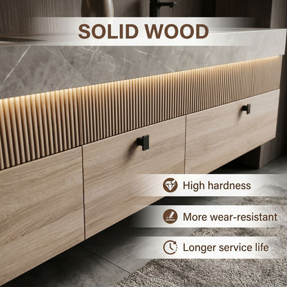 60''-96'' Double Bathroom Vanity with Sink Textured Slatted Front Light Wood Grain Cabinet