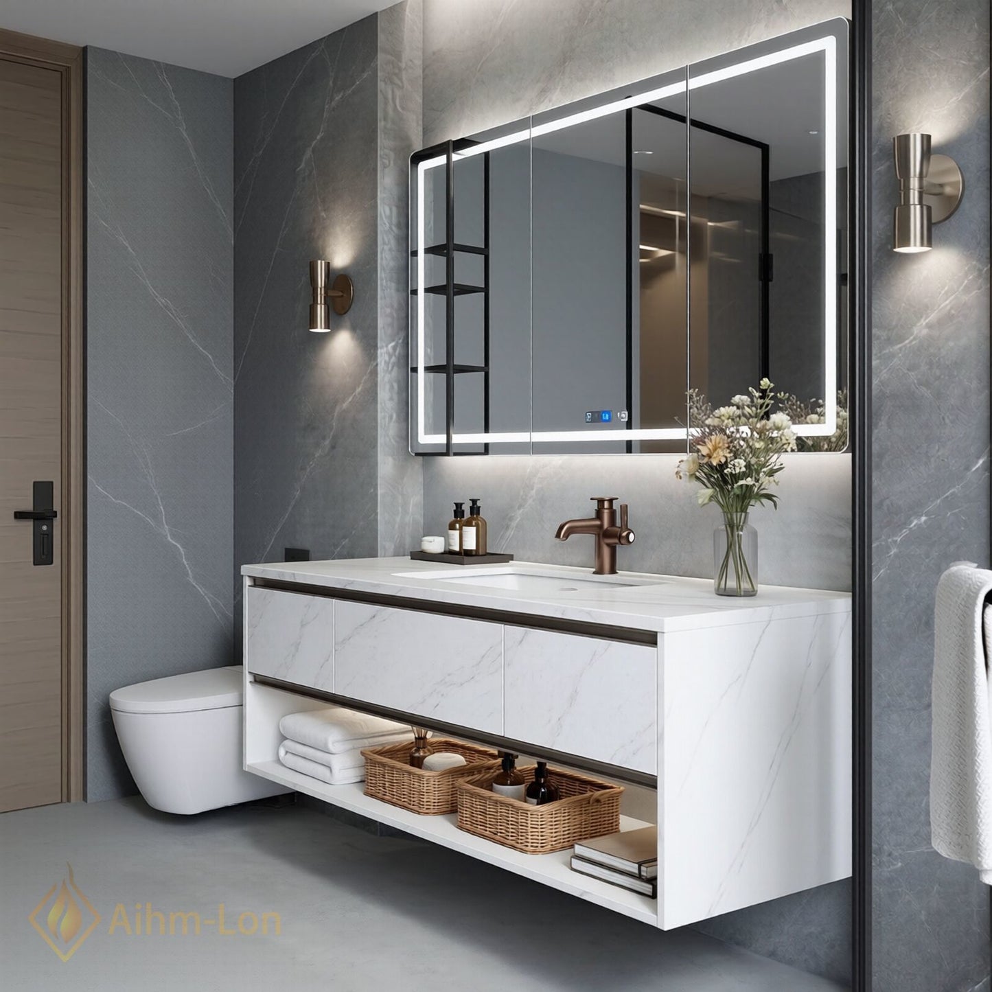 36''-64'' Modern Bathroom Vanity with Sink White Marble Floating Smart Digital Mirror