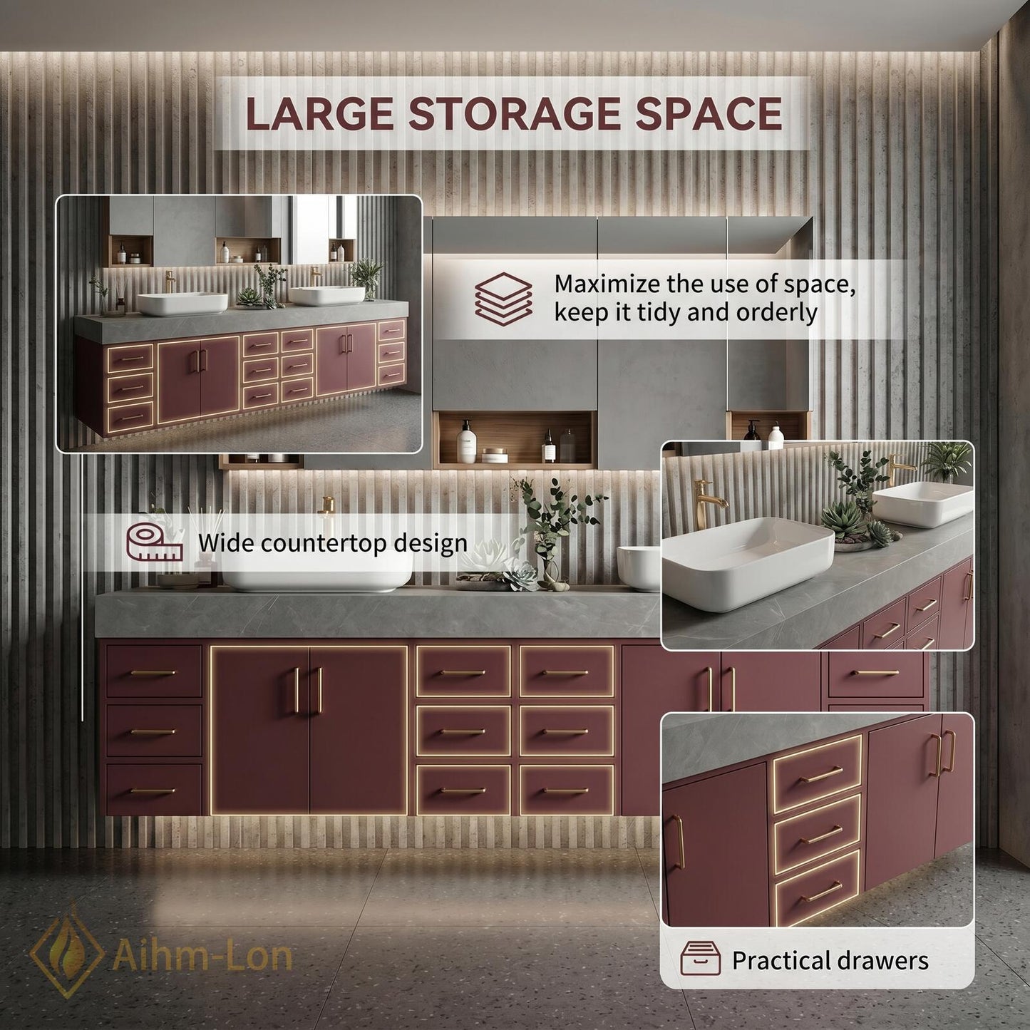 78''-96'' Double Bathroom Vanity with Sink Sleek Matte Burgundy Elegant Drawer Storage