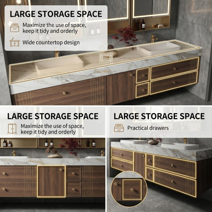 60''-96'' Double Bathroom Vanity with Sink Modern Floating Dark Walnut Grain Storage