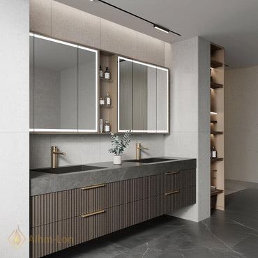 60''-96'' Bathroom Vanity with Sink Floating Double Grey Stone Top Slatted Front