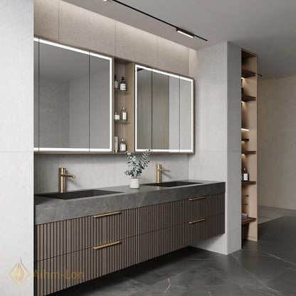 60''-96'' Bathroom Vanity with Sink Floating Double Grey Stone Top Slatted Front