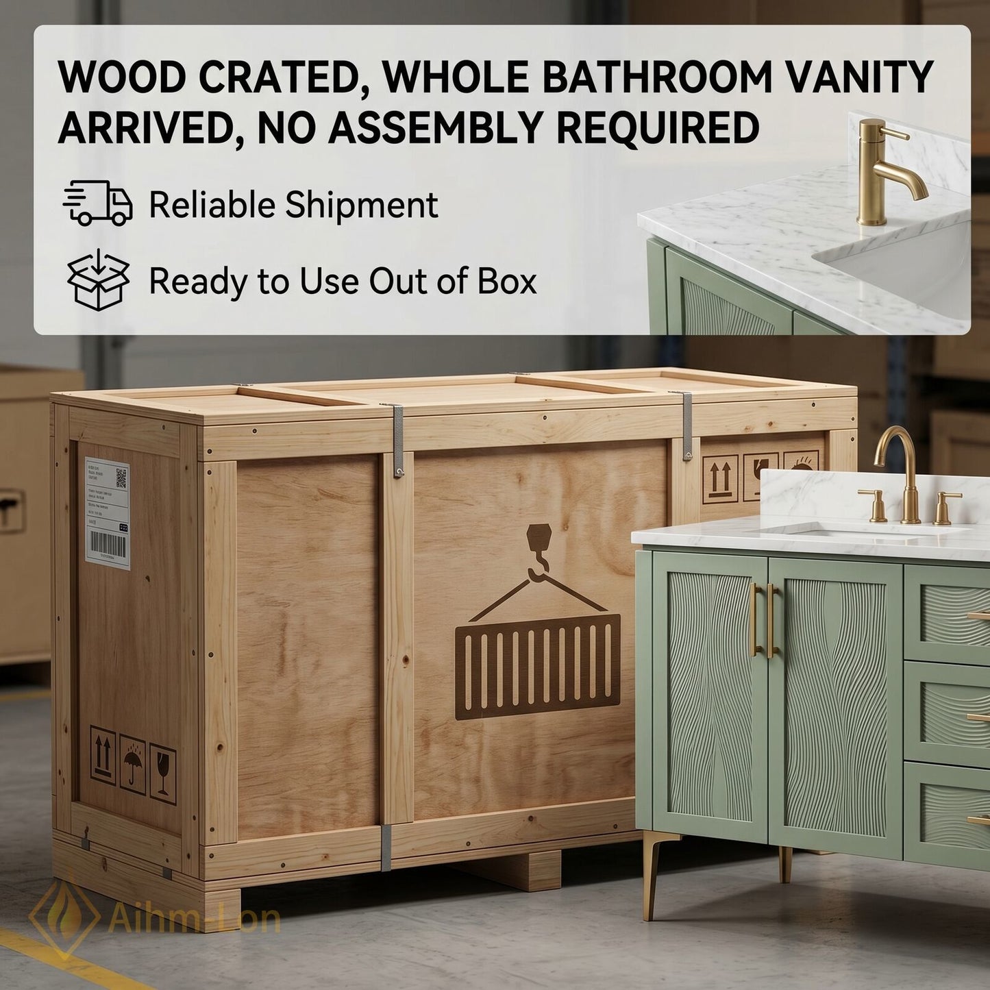 72''-96'' Modern Bathroom Vanity with Sink Sage Green Textured Marble Gold Drawers