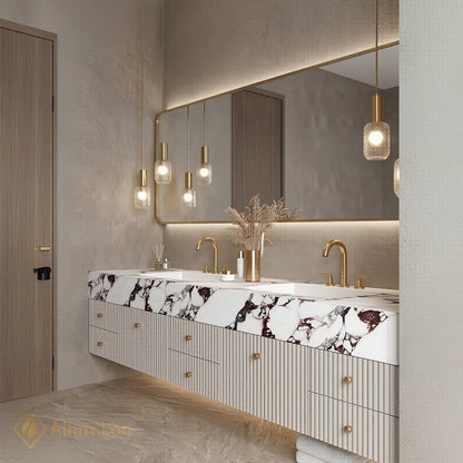 78''-96'' Double Bathroom Vanity with Sink Slatted Front Marble Look Top Drawers