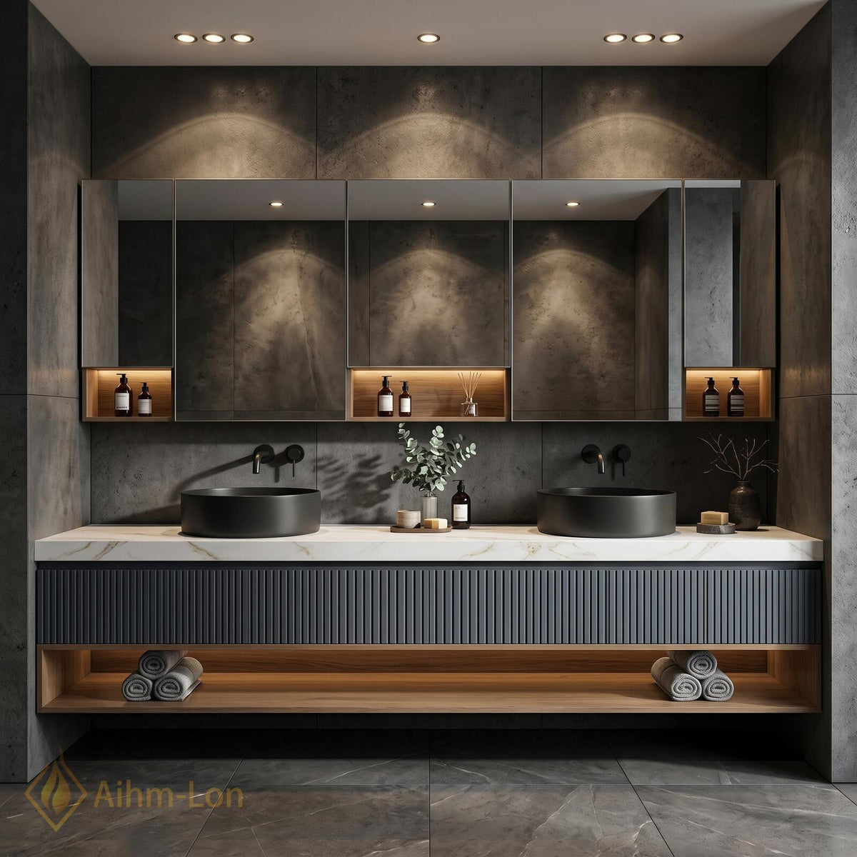60''-96'' Double Bathroom Vanity with Sink Modern Floating Slatted Front Panel Marble