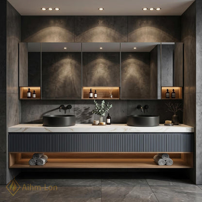 60''-96'' Double Bathroom Vanity with Sink Modern Floating Slatted Front Panel Marble