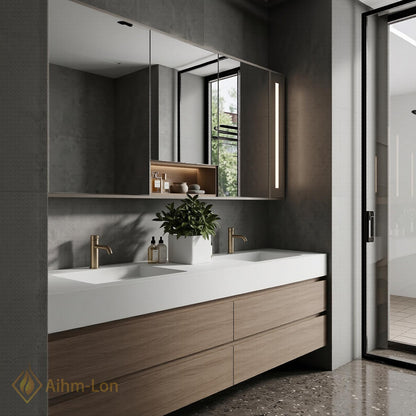 60''-96'' Modern Bathroom Vanity with Sink Floating Wide Mirror Wood Grained Drawers