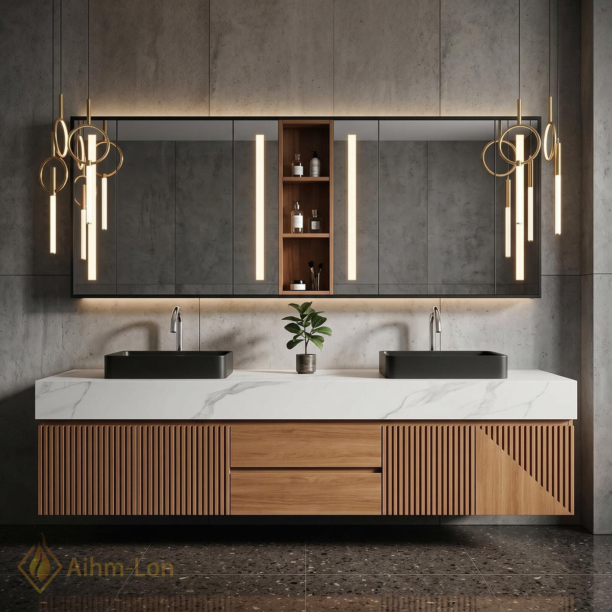 60''-96'' Double Bathroom Vanity with Sink Floating Double White Marble Slatted Wood