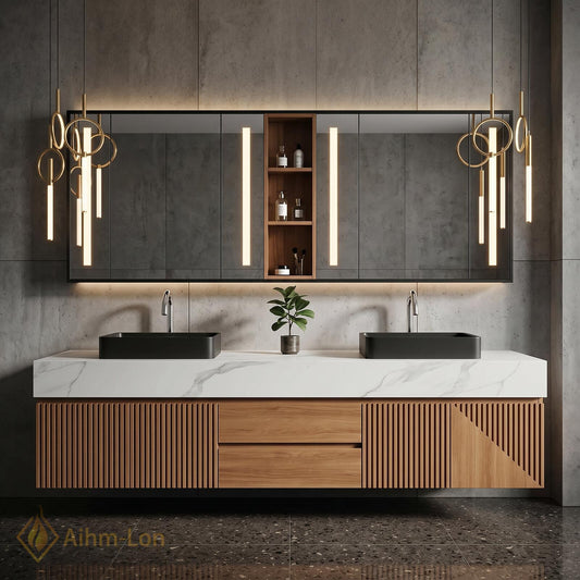 60''-96'' Double Bathroom Vanity with Sink Floating Double White Marble Slatted Wood