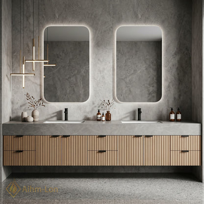 60''-96'' Double Bathroom Vanity with Sink Slatted Wood Front Stone Top Storage