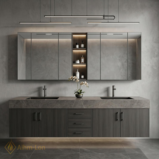 60''-96'' Double Bathroom Vanity with Sink Sleek Floating Stone-Like Surface Mirror Cabinet