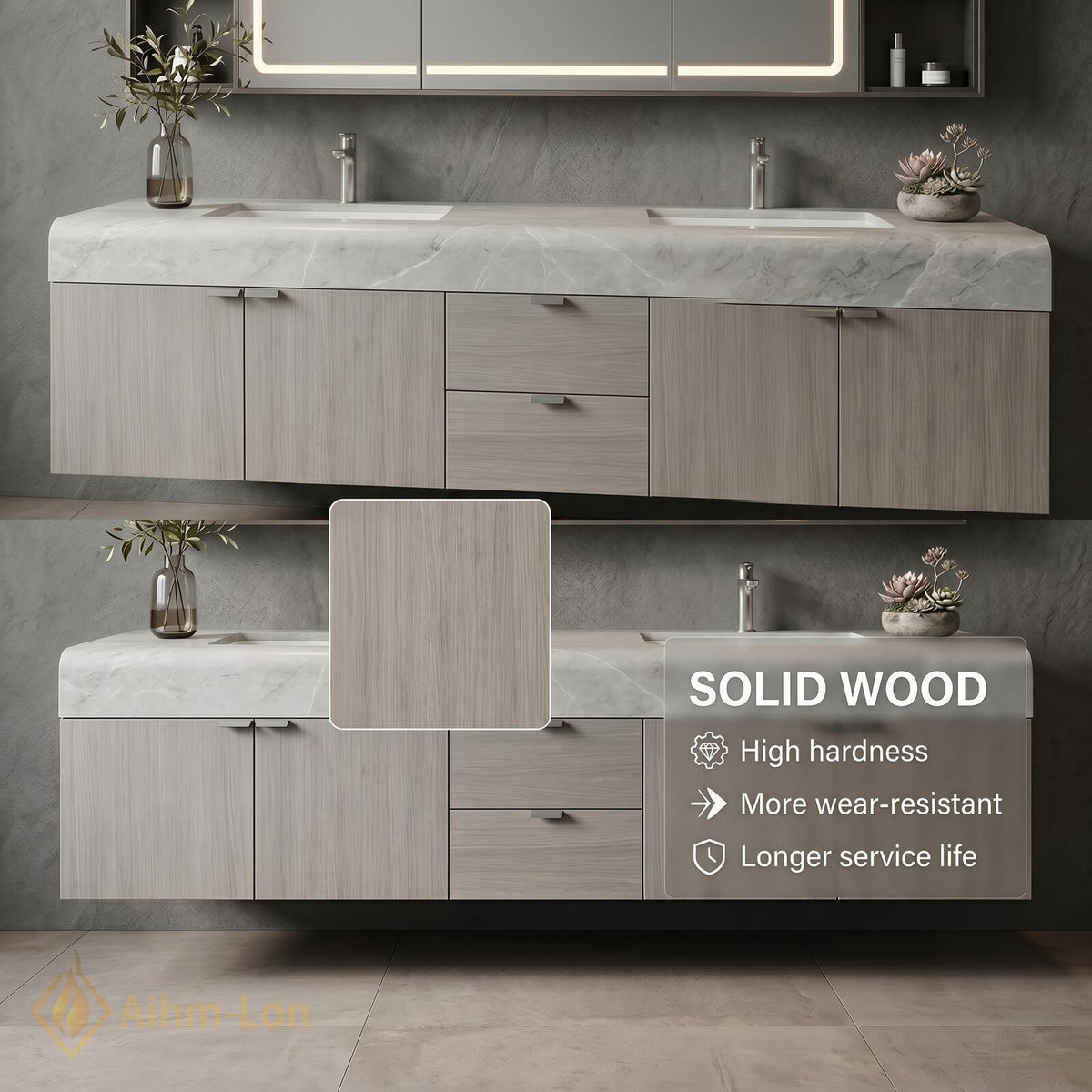 60''-96'' Bathroom Vanity with Sink Wide Span Floating Stone Countertop Mirror Cabinet