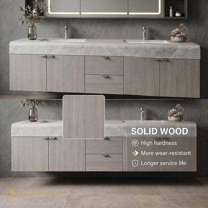 60''-96'' Bathroom Vanity with Sink Wide Span Floating Stone Countertop Mirror Cabinet