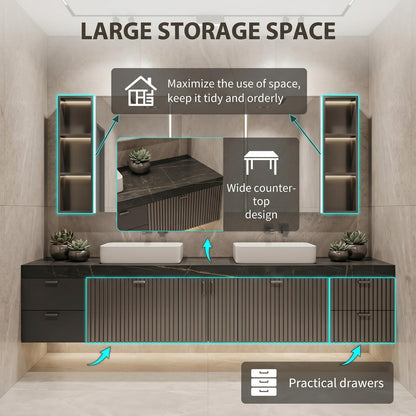 60''-96'' Double Bathroom Vanity with Sink Modern Floating Charcoal Matte Slatted Front Panel