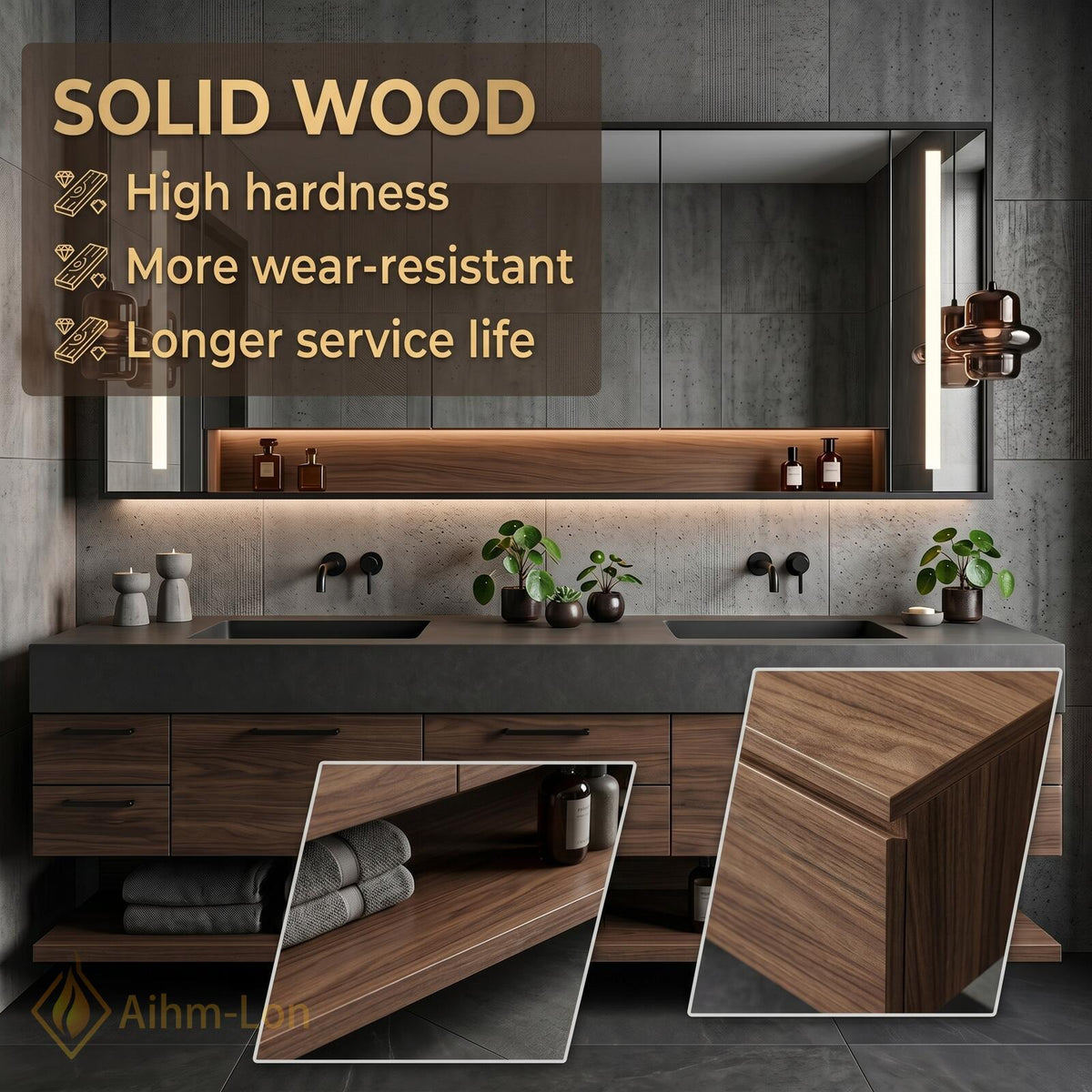60''-96'' Warm Walnut Bathroom Vanity with Sink Deep Gray Stone Top Open Shelving