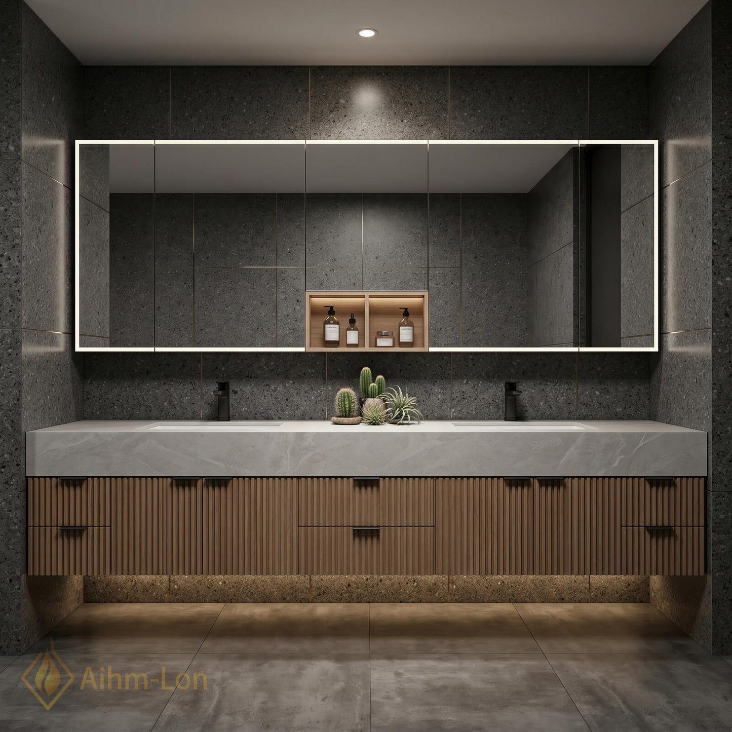 78''-96'' Modern Double Bathroom Vanity with Sink Floating Dark Wood Marble-Like Stone