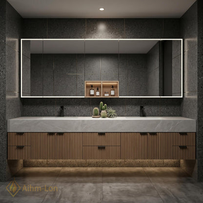 78''-96'' Modern Double Bathroom Vanity with Sink Floating Dark Wood Marble-Like Stone